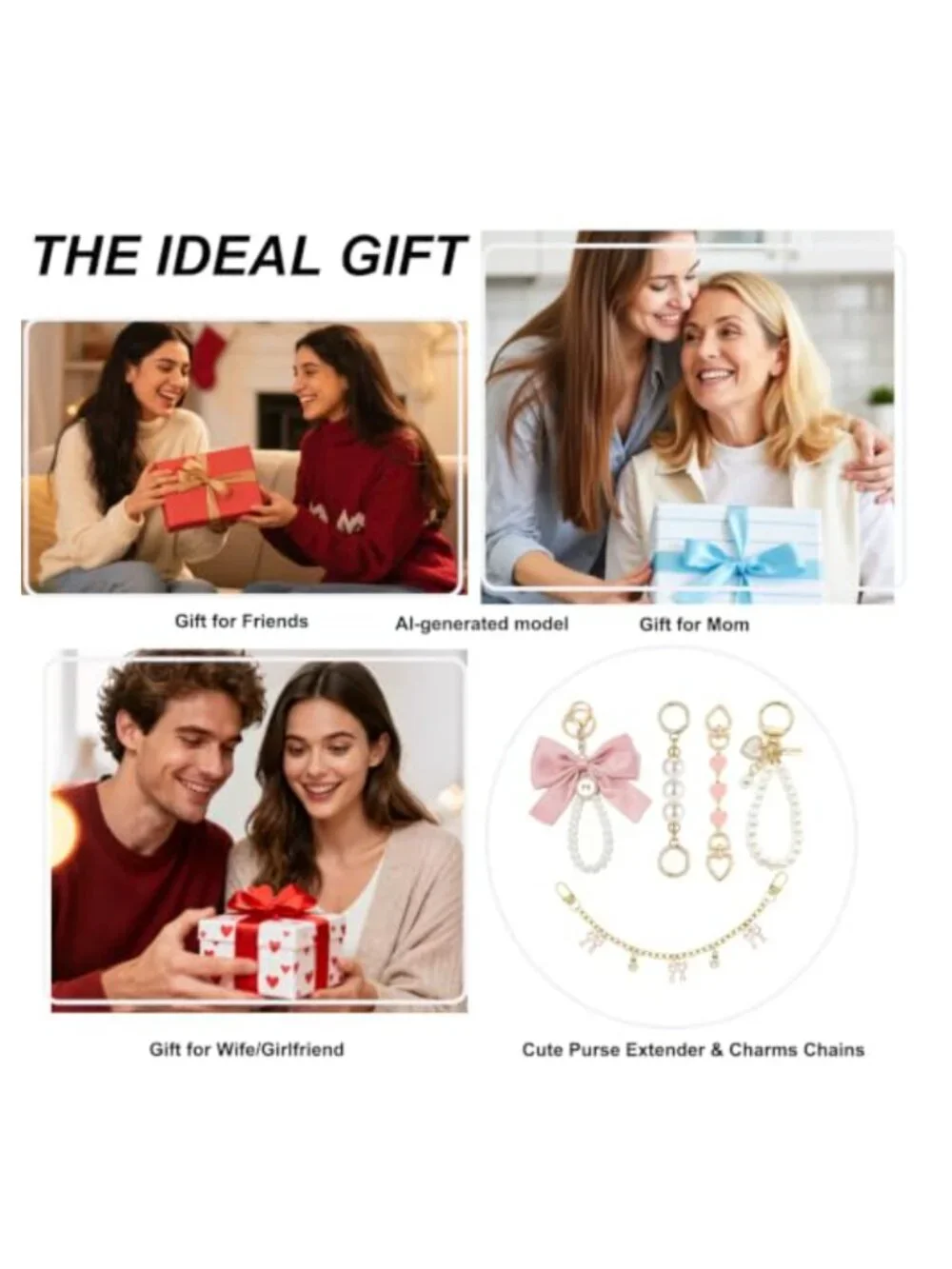 Purse Extender Chain & Bag Charms Set with Pearl Keychain, Bow Keychain, Alloy